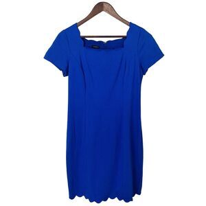 Talbots Womens Blue Scallop Hem & Neck Short Sleeve Back Zip Sheath Dress 6 $129